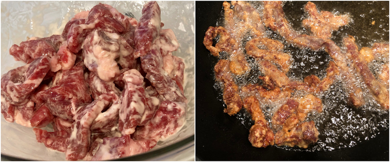 What the beef looks like after adding egg white and corn starch (left), beef gettin’ crispy (right)